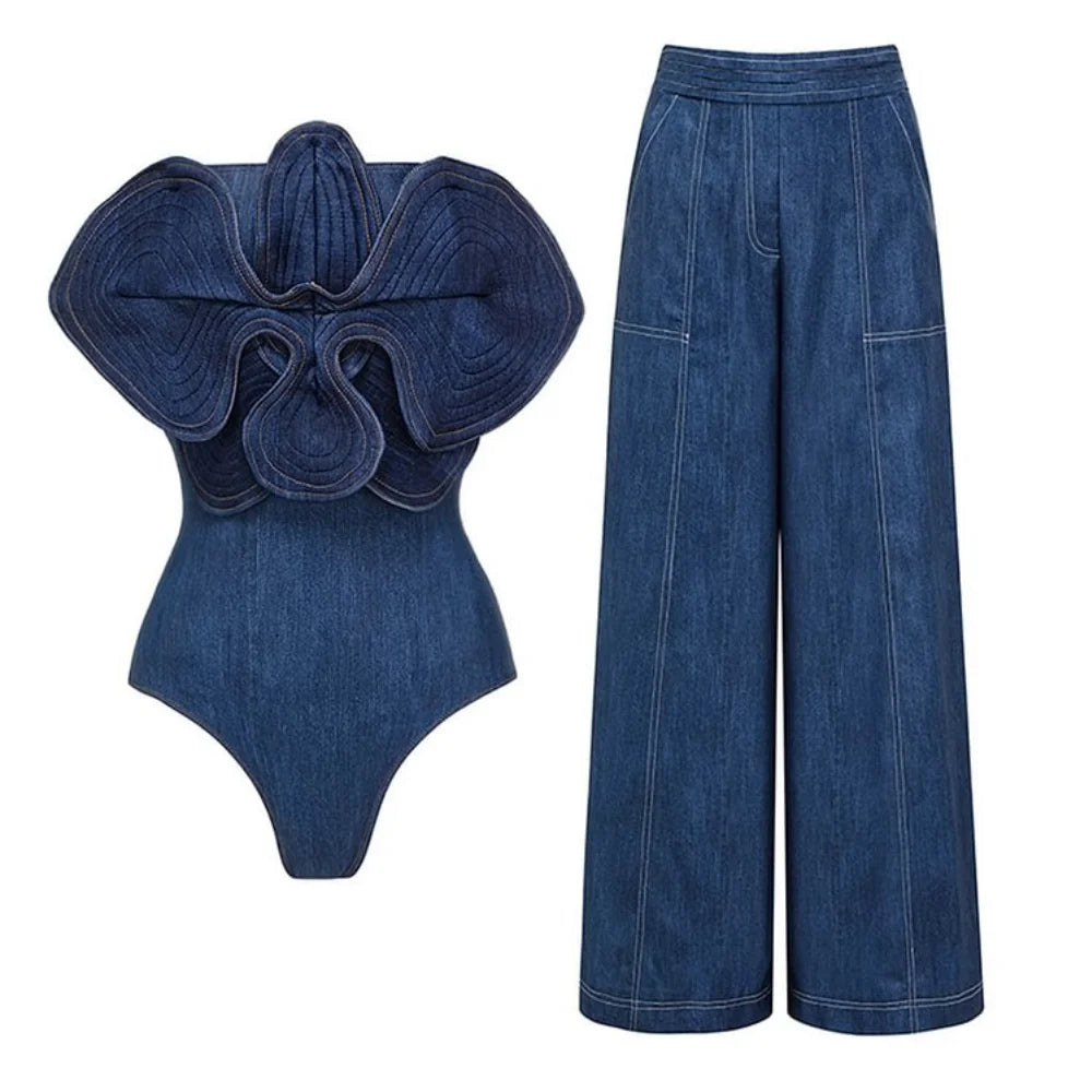 3D Flower Denim Printed Women Dress.