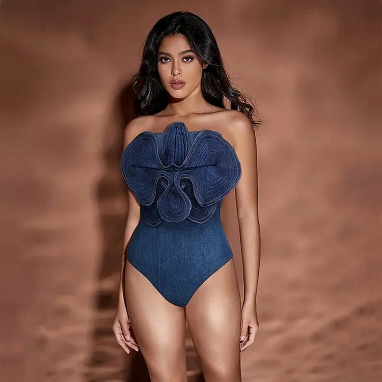 3D Flower Denim Printed Women Dress.
