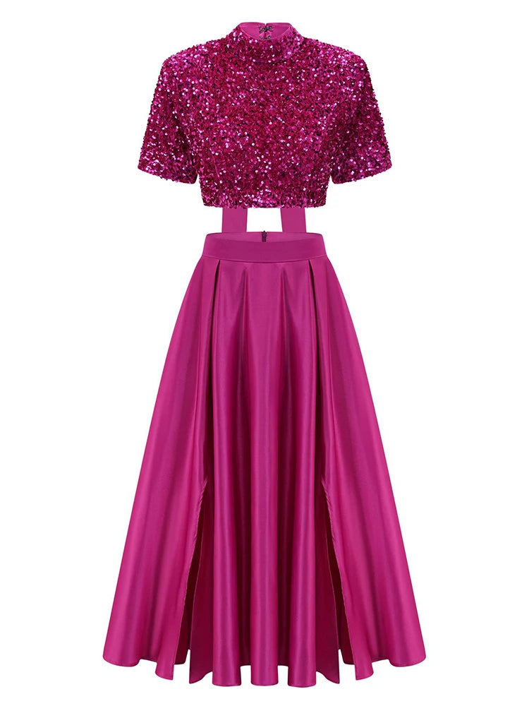 Two Piece Sets, Stand Collar Short Sleeve Spliced Sequins Tops High Waist Skirt Chic.