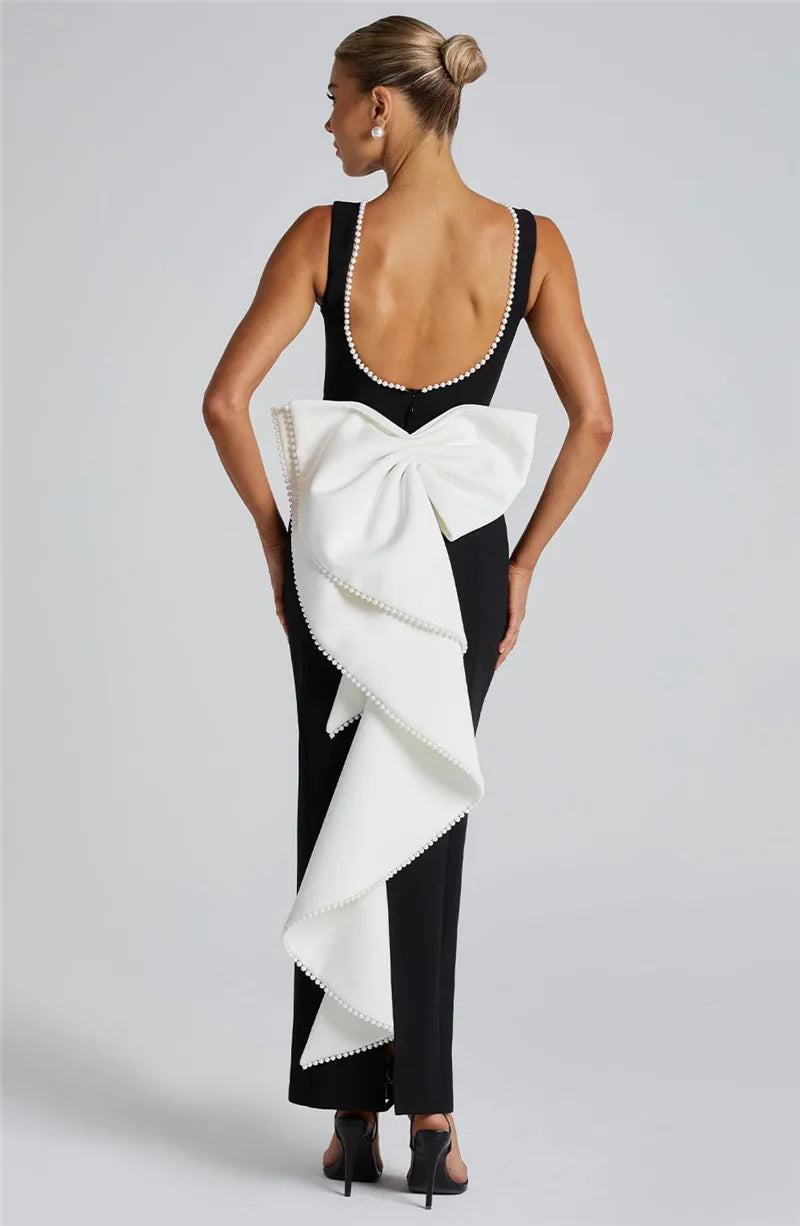 Elegant Pearl Bow Backless Maxi Dress.