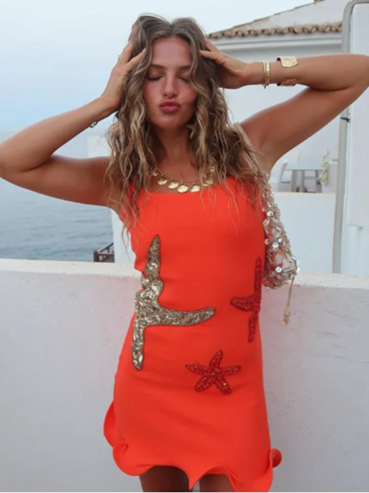 Chic Sparkling Star Print Ruffle Mini Dresses.