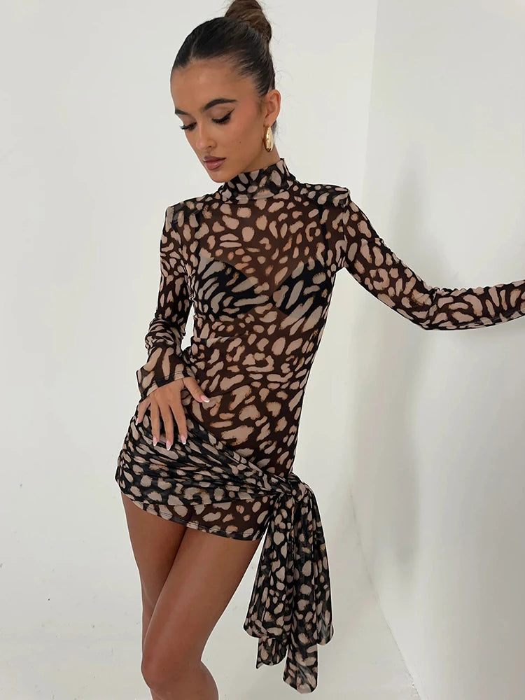Turtleneck Sheer Print Leopard Bandage, Long Sleeve Mini Dress.