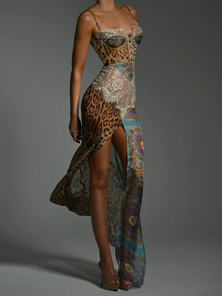 Leopard Print, Lace Split Gown Backless Long Dress.