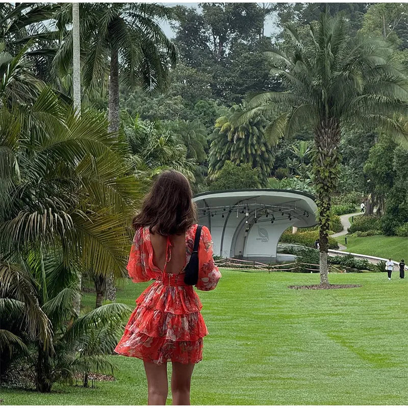 Printed Flower V Neck Backless Mini Dress