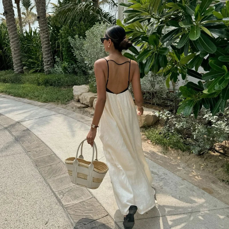 Contrasting Color Out Sling Maxi Dress Women Backless Loose Dresses.