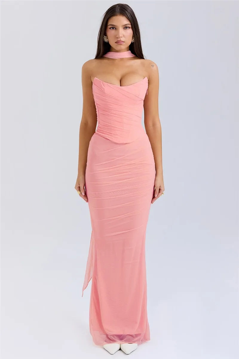 Pink Strapless Corset Tow Piece Set .