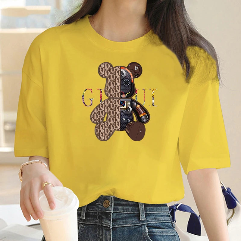 Bear Pattern Printed Crew Neck, Short Sleeve T-Shirt.