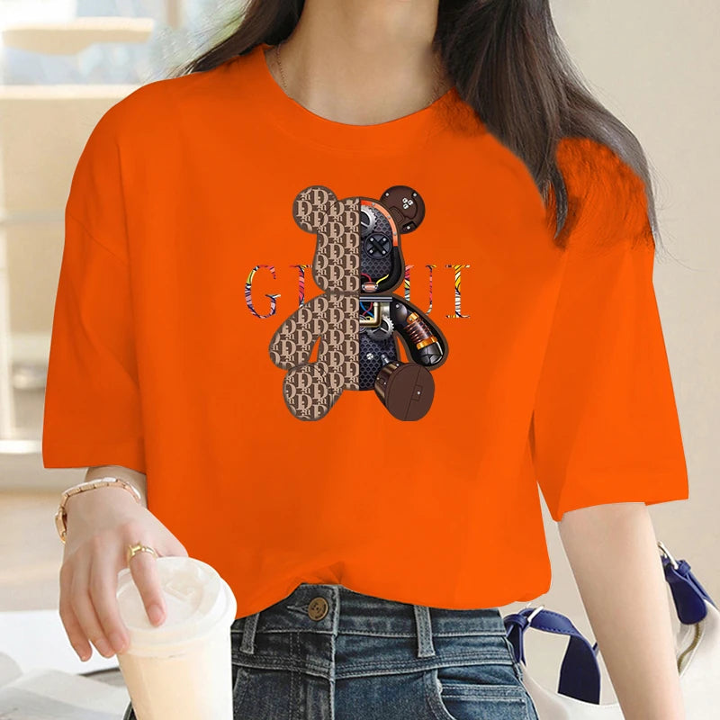 Bear Pattern Printed Crew Neck, Short Sleeve T-Shirt.