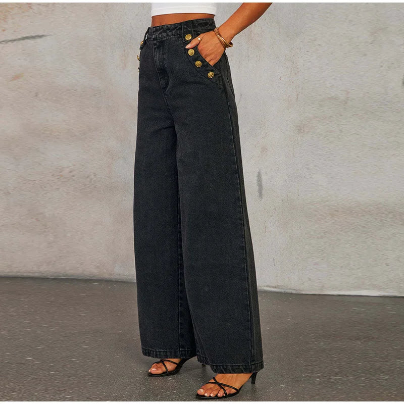 Metal Buttons, Vest With High Waist Wide Leg Jeans.