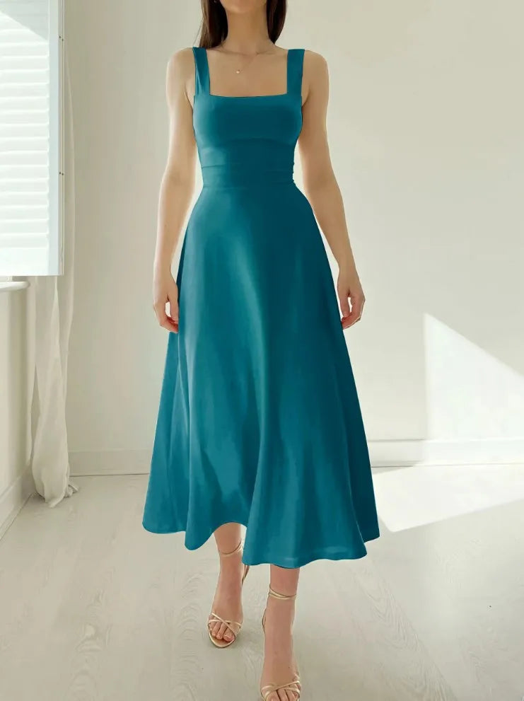 Square Collar New Thick Shoulder Straps Slim Lace Up Waist Dresses