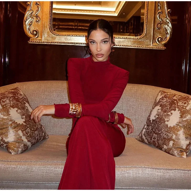 Elegant Pleated Slim Fit Long Dress Women Fashion Shoulder Pad Full Sleeves.