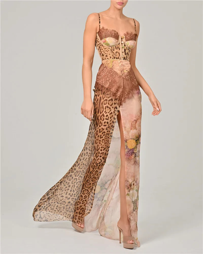 Leopard Print, Lace Split Gown Backless Long Dress.