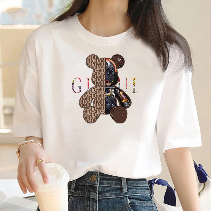 Bear Pattern Printed Crew Neck, Short Sleeve T-Shirt.