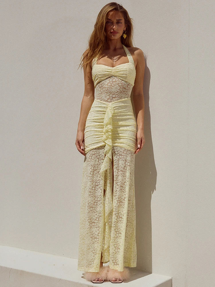 Lace Draped, Summer Patchwork, Halter Sleeveless, Backless Bodycon Long Dress.