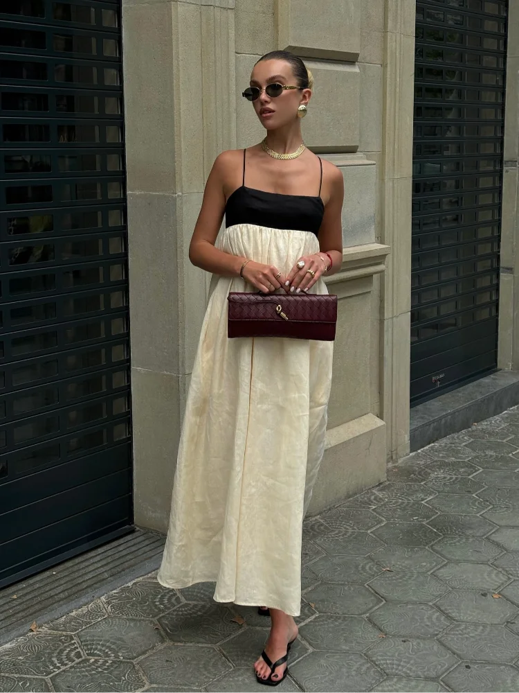 Contrasting Color Out Sling Maxi Dress Women Backless Loose Dresses.