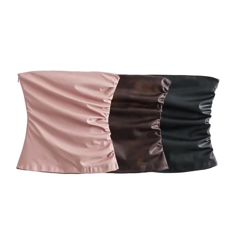 women's sleeveless vest strapless leather pleated underwear.