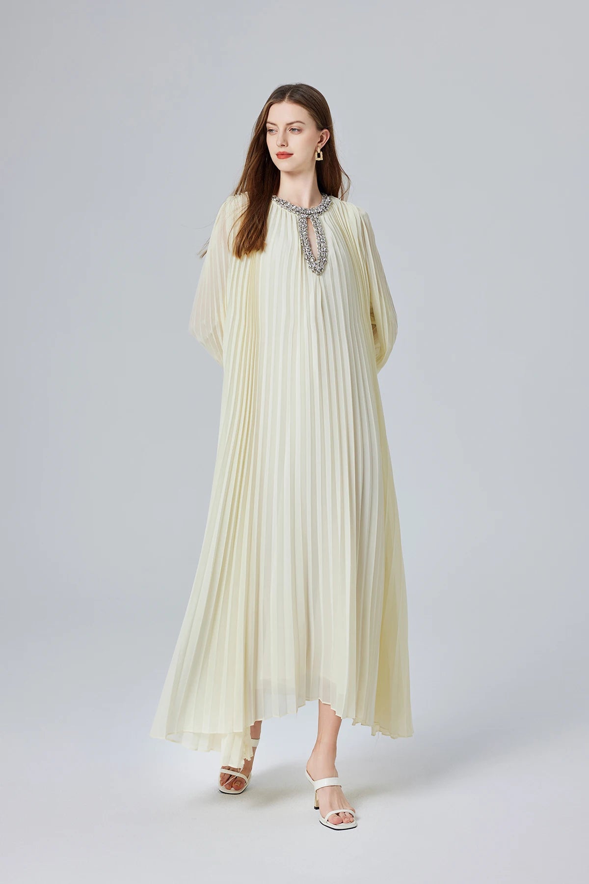 Solid Loose Spliced, Round Neck Long Sleeves patchwork Dimond Dress.