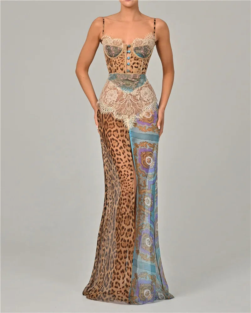 Leopard Print, Lace Split Gown Backless Long Dress.