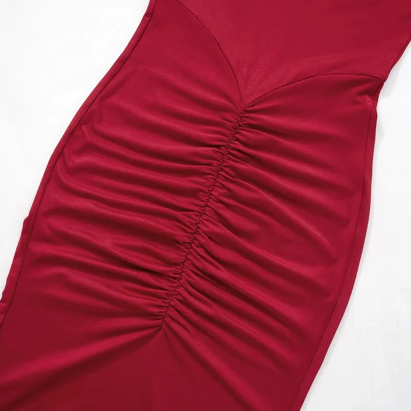 Elegant Pleated Slim Fit Long Dress Women Fashion Shoulder Pad Full Sleeves.