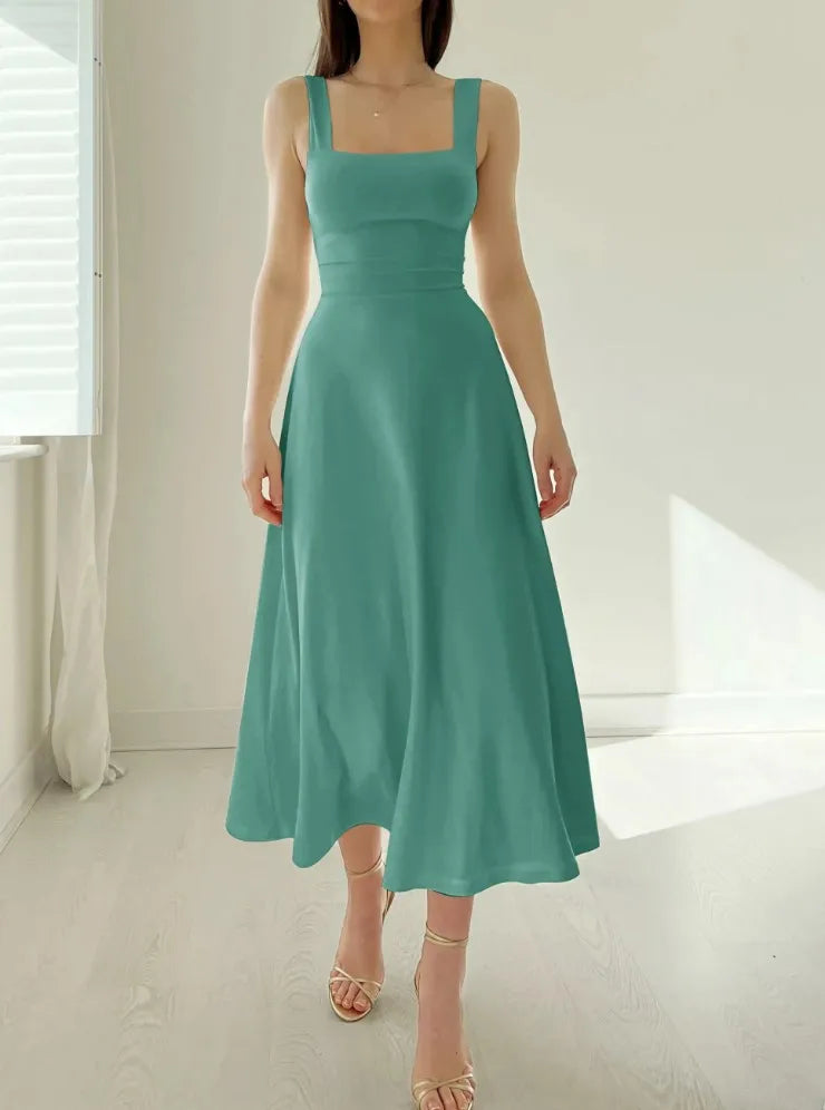 Square Collar New Thick Shoulder Straps Slim Lace Up Waist Dresses