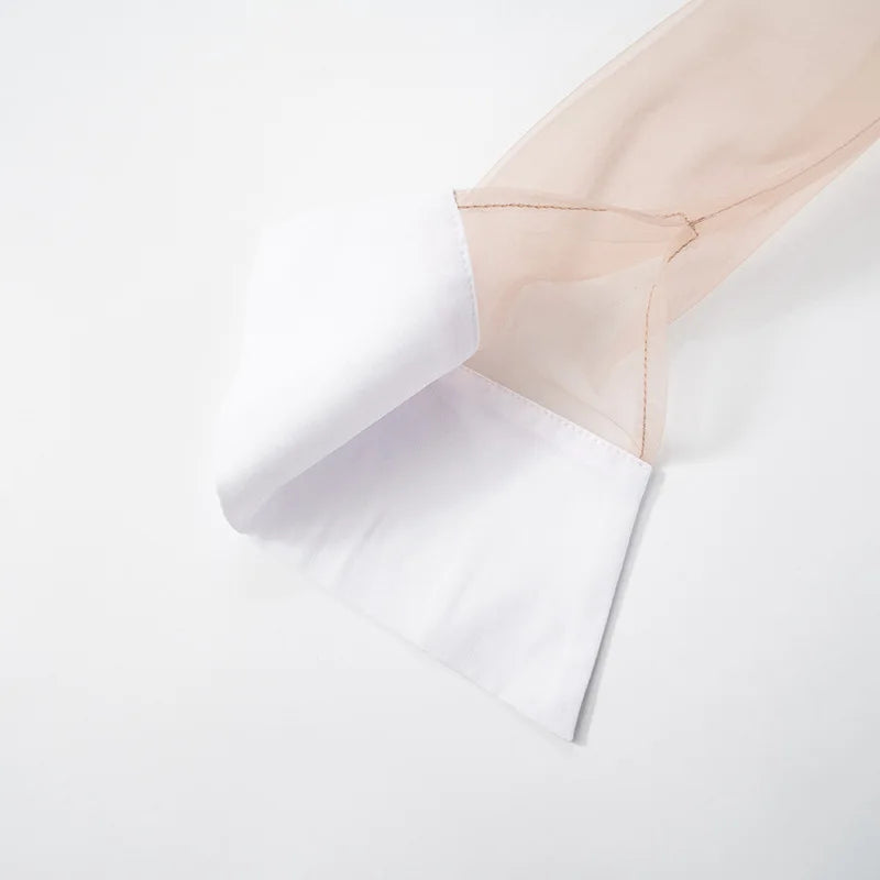 Mesh Patchwork A-line, Turn Down Neck Mini Dress.