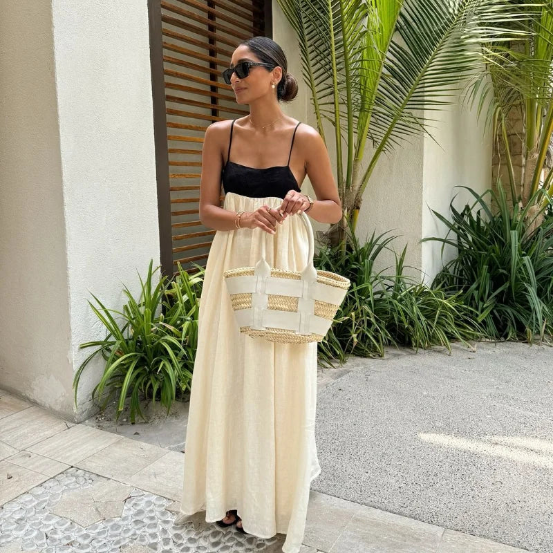 Contrasting Color Out Sling Maxi Dress Women Backless Loose Dresses.