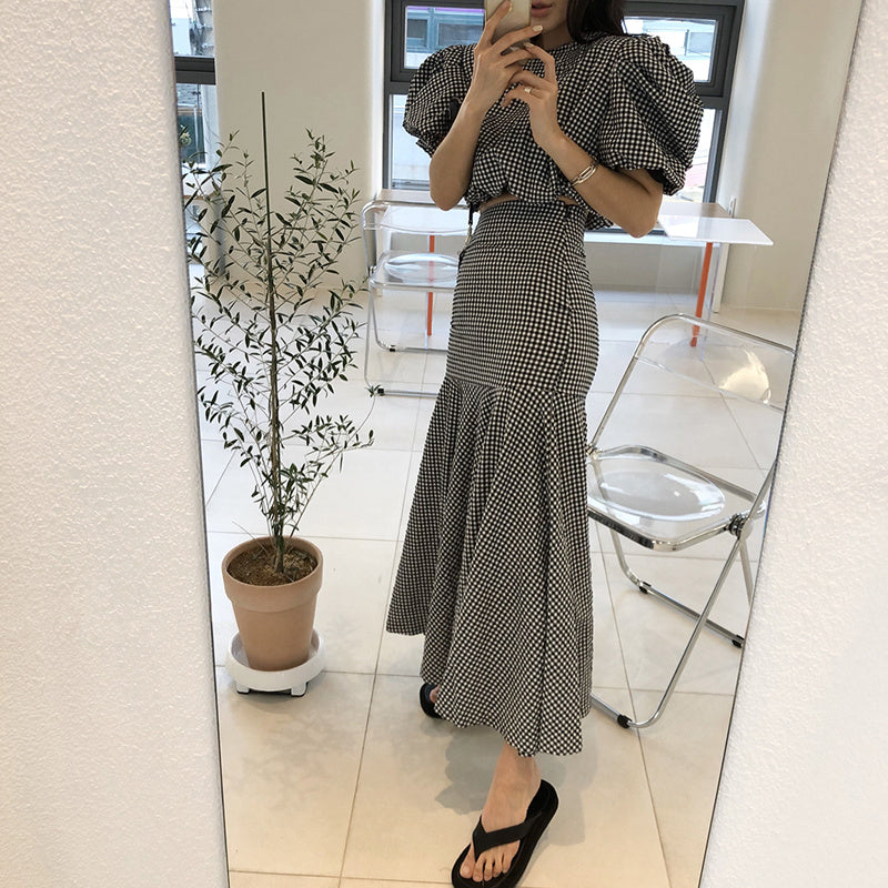 High Waist Bodycon Fishtail Skirts Sets Mermaid Short Sleeve Plaid Shirt