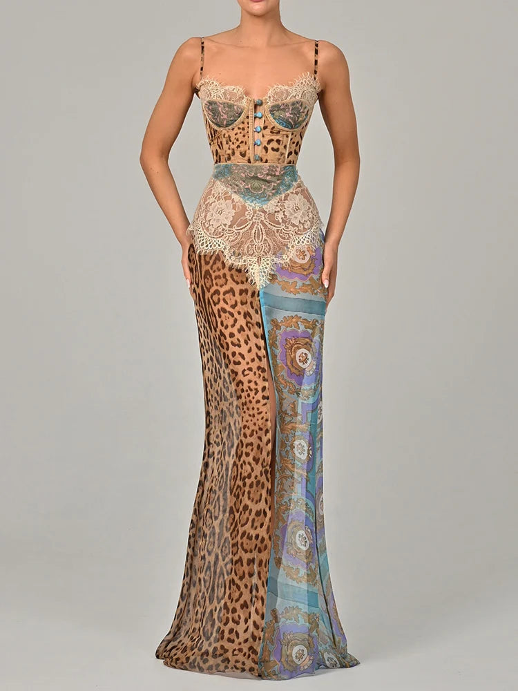 Leopard Print, Lace Split Gown Backless Long Dress.