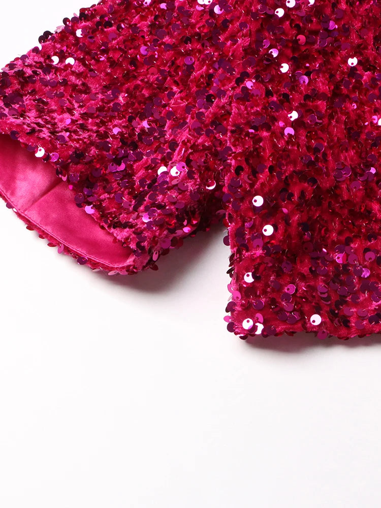 Two Piece Sets, Stand Collar Short Sleeve Spliced Sequins Tops High Waist Skirt Chic.