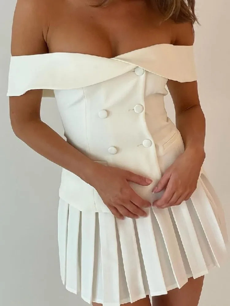 Two Piece Set Off-shoulder Tops And Pleated Mini Skirt.