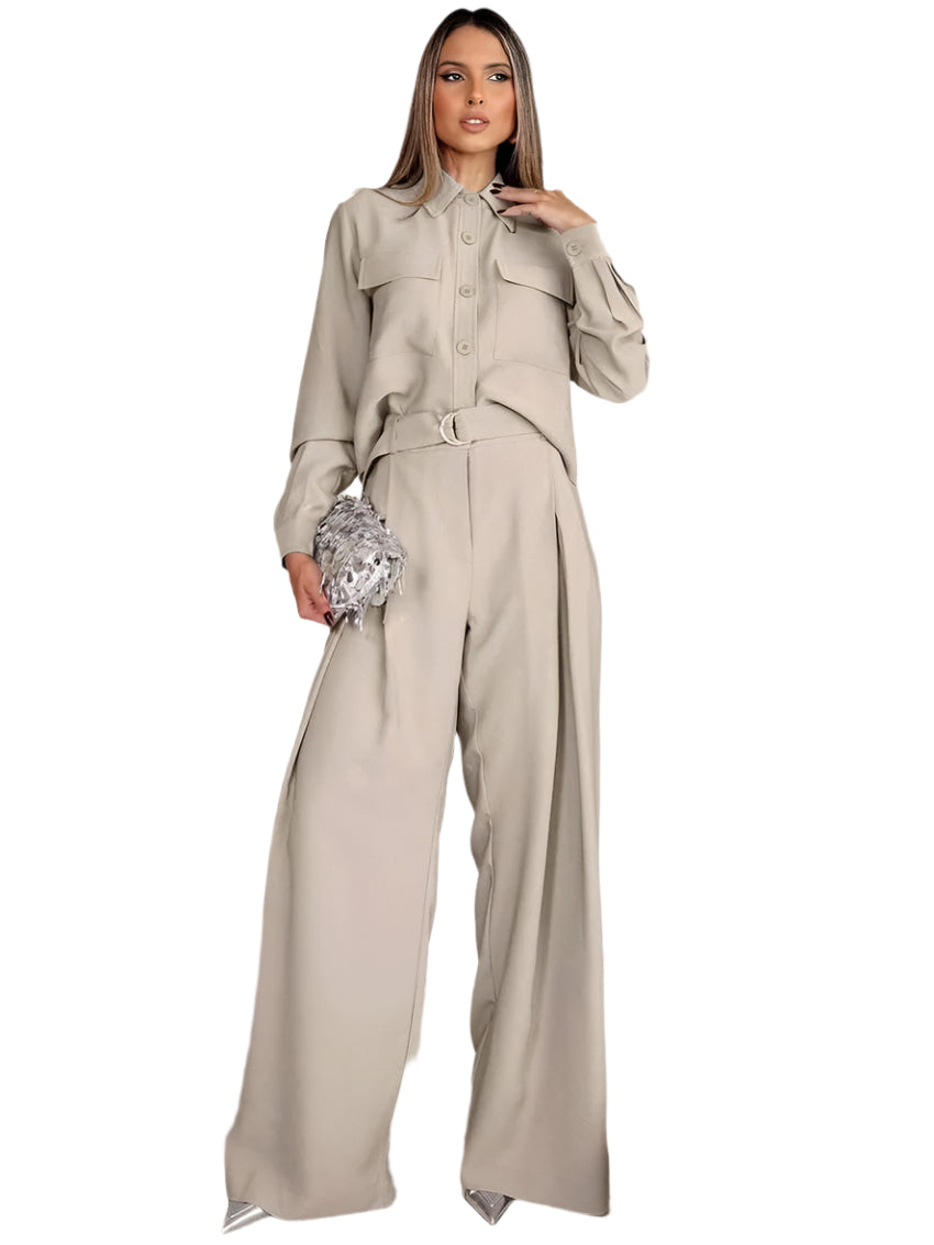 Elegant Lapel Long Sleeve Pockets Button Shirts And High Waisted Straight Pants Set