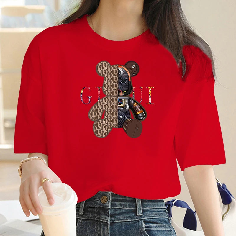 Bear Pattern Printed Crew Neck, Short Sleeve T-Shirt.
