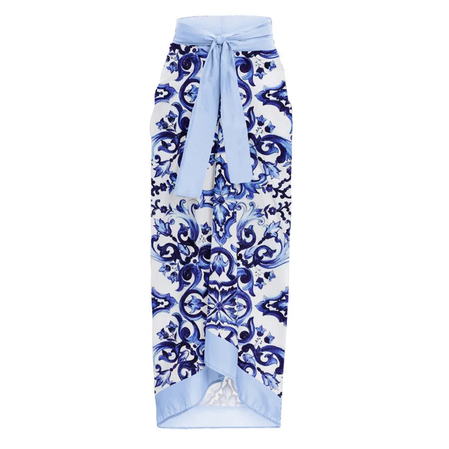 Women's Clothing One Piece Navy Print Bikini Set Beach Skirt Polyester bodysuit Swimwear Style Wear Maxi Dress.