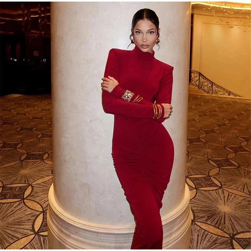 Elegant Pleated Slim Fit Long Dress Women Fashion Shoulder Pad Full Sleeves.
