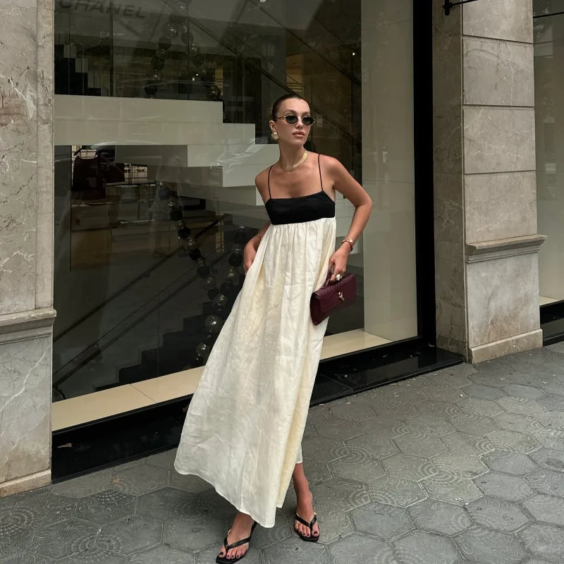 Contrasting Color Out Sling Maxi Dress Women Backless Loose Dresses.