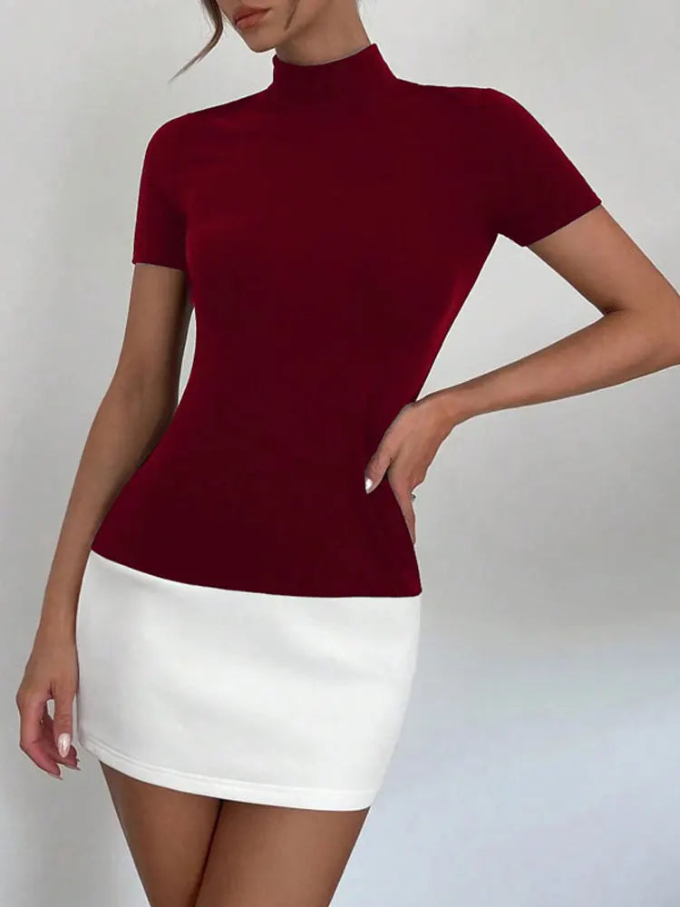 High Waist, Short Sleeve Skinny Patchwork Bodycon Mini Dress.