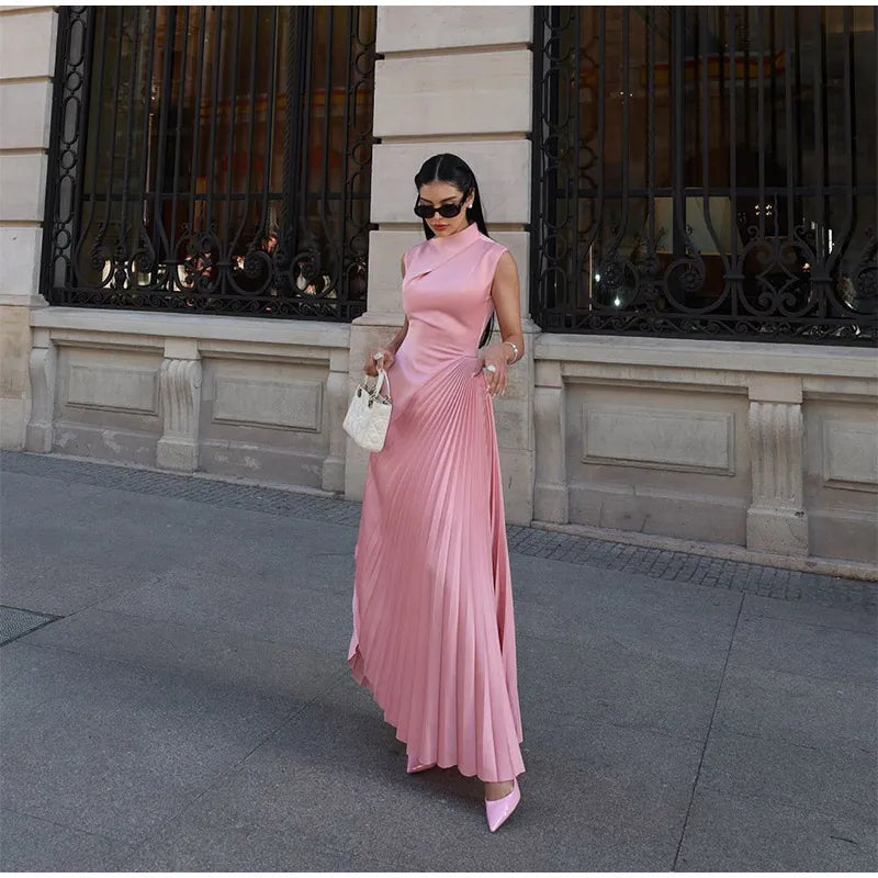 Pink Pleated Split Wrap Waist Maxi Dress.