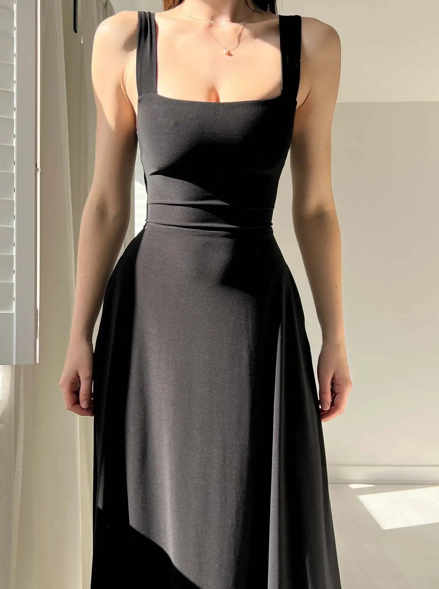 Square Collar New Thick Shoulder Straps Slim Lace Up Waist Dresses