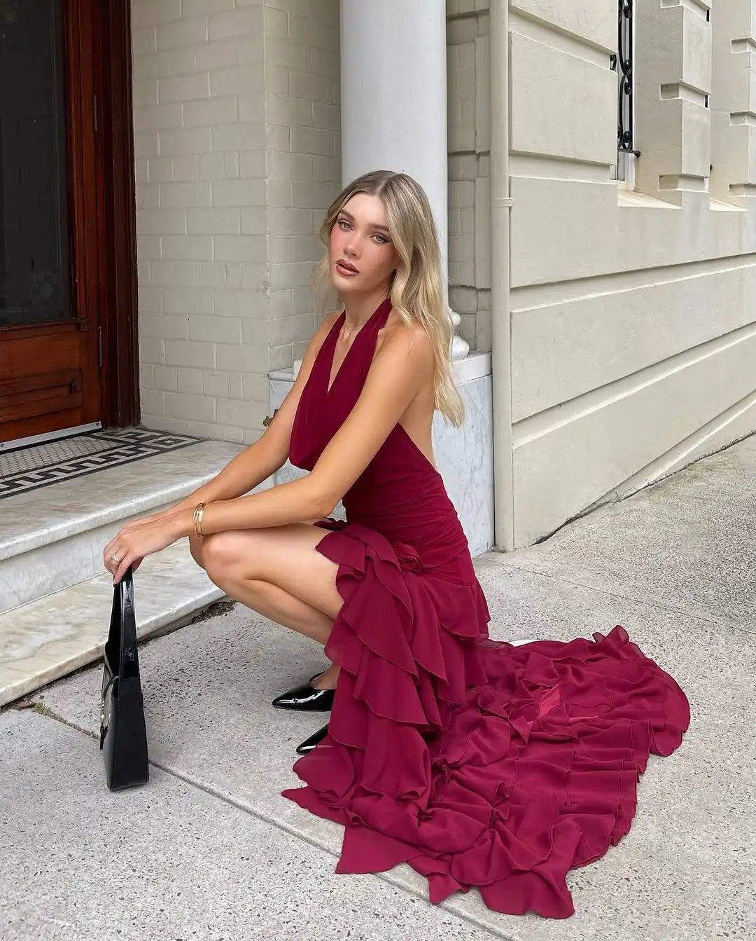 Dark Red Layer Hem Split, Backless Pleated Neck Sleeveless Long Robes