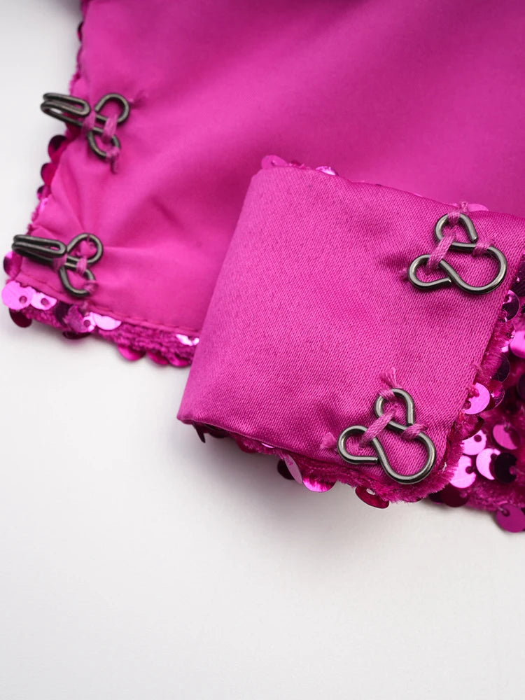 Two Piece Sets, Stand Collar Short Sleeve Spliced Sequins Tops High Waist Skirt Chic.