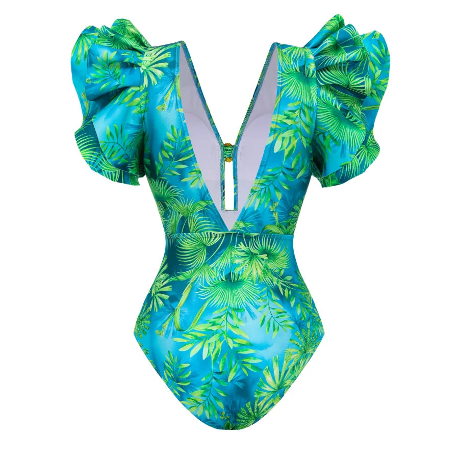 Long-sleeved Jungle Green Print One Piece Summer Dress