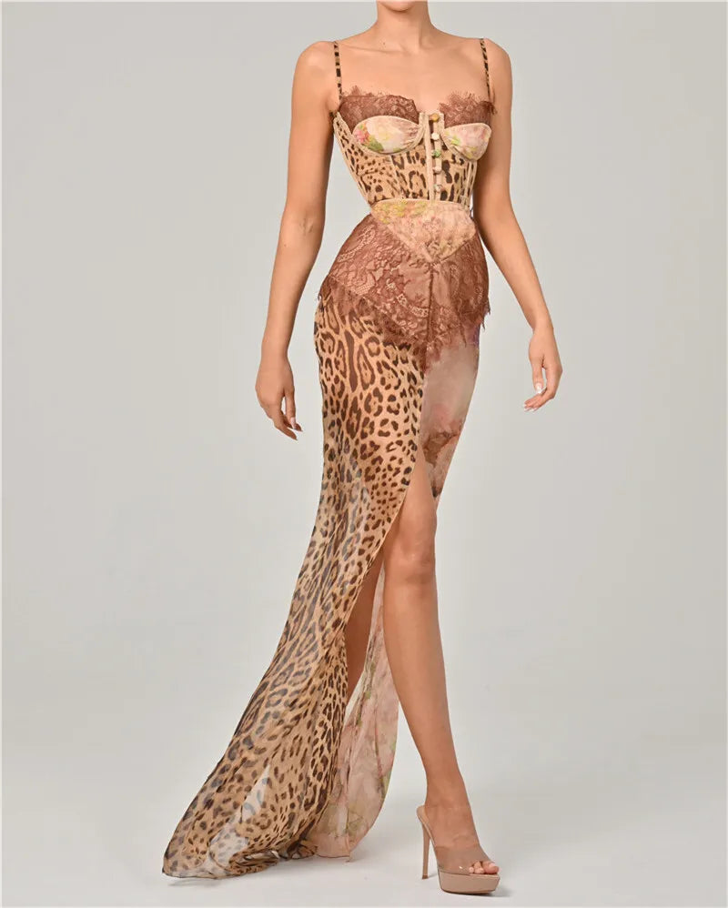 Leopard Print, Lace Split Gown Backless Long Dress.
