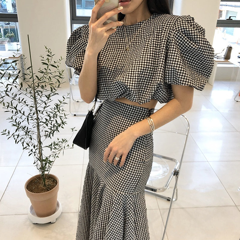 High Waist Bodycon Fishtail Skirts Sets Mermaid Short Sleeve Plaid Shirt