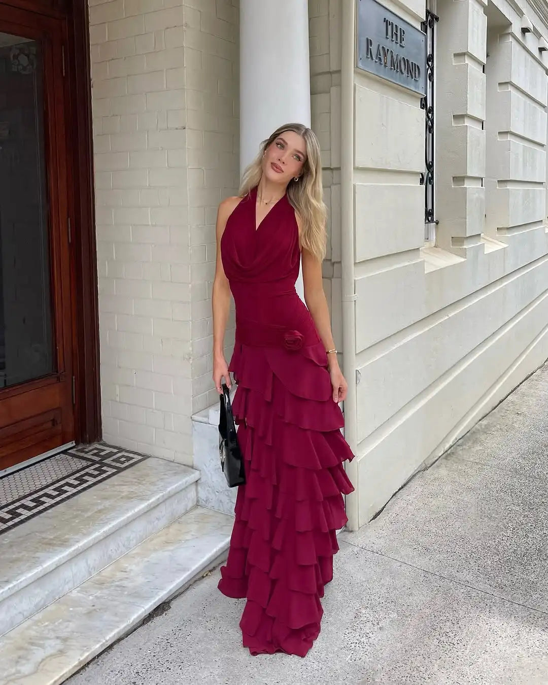 Dark Red Layer Hem Split, Backless Pleated Neck Sleeveless Long Robes