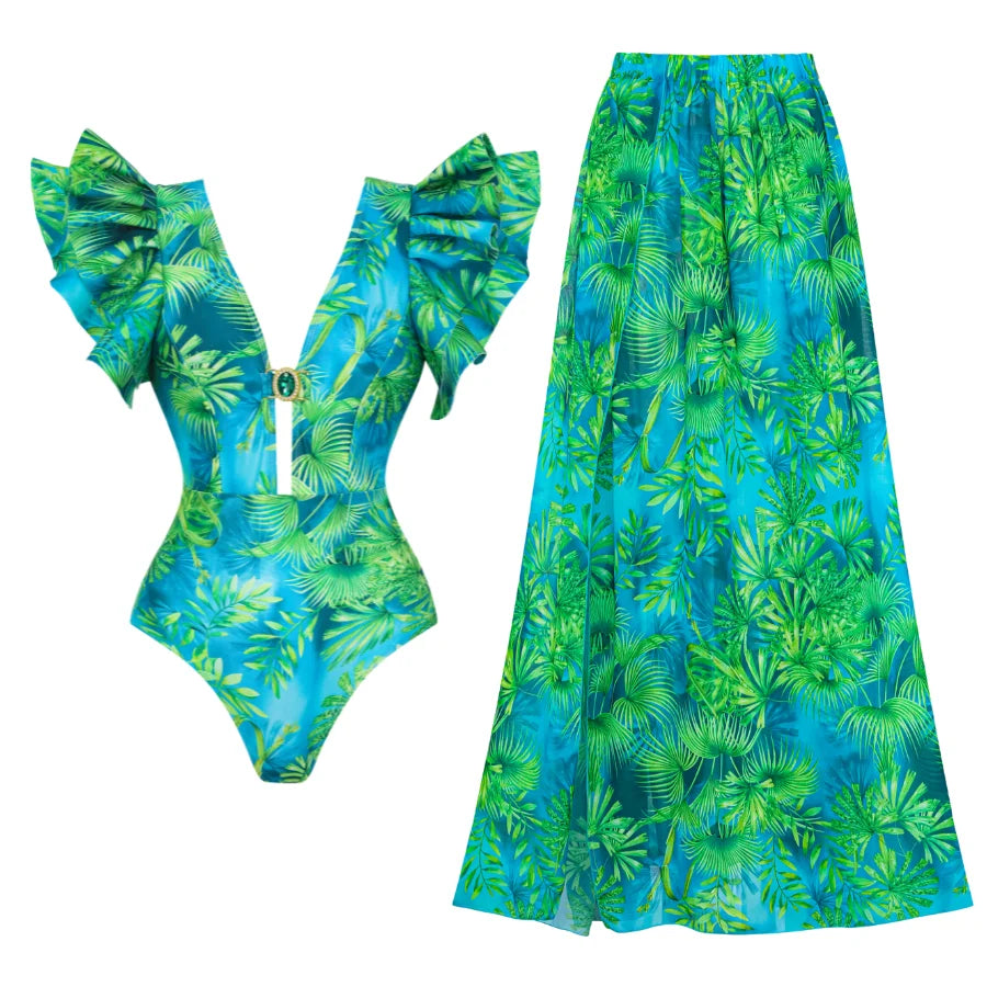 Long-sleeved Jungle Green Print One Piece Summer Dress