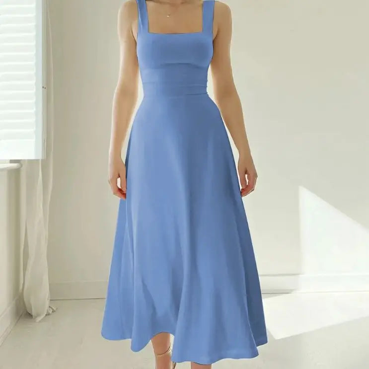 Square Collar New Thick Shoulder Straps Slim Lace Up Waist Dresses
