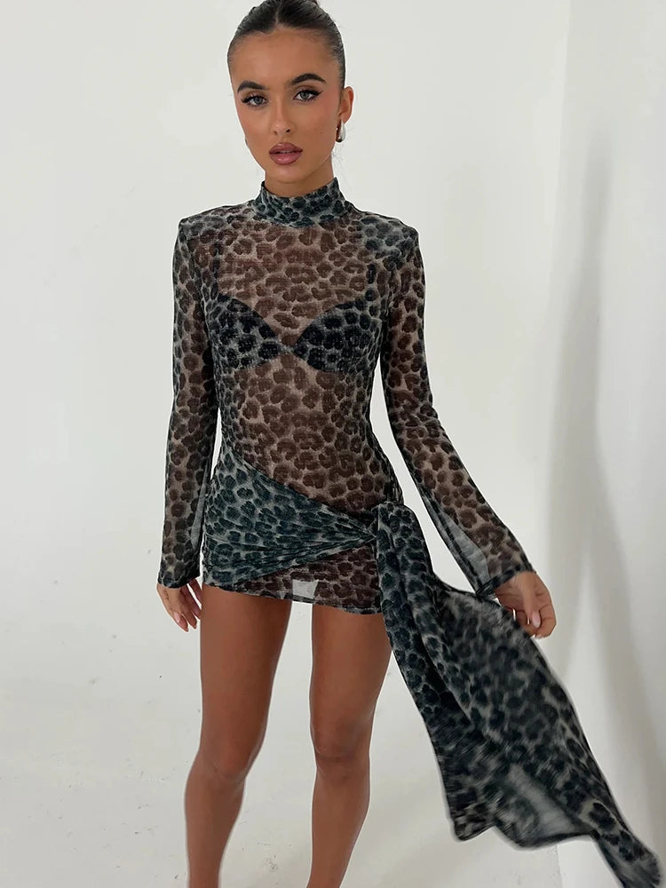 Turtleneck Sheer Print Leopard Bandage, Long Sleeve Mini Dress.