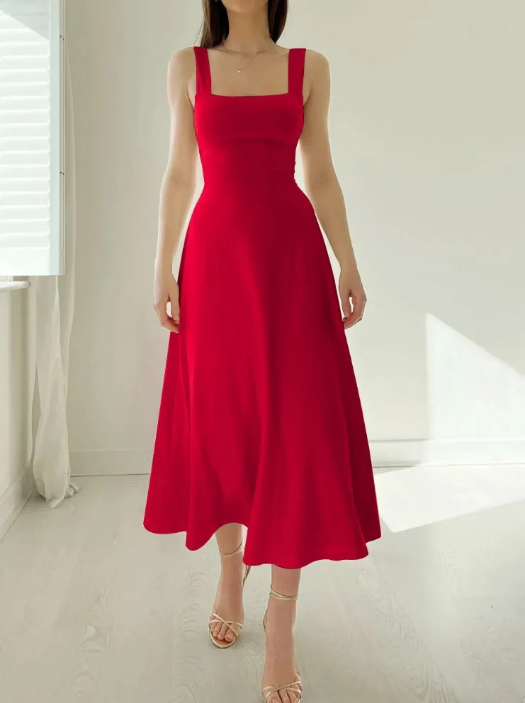 Square Collar New Thick Shoulder Straps Slim Lace Up Waist Dresses