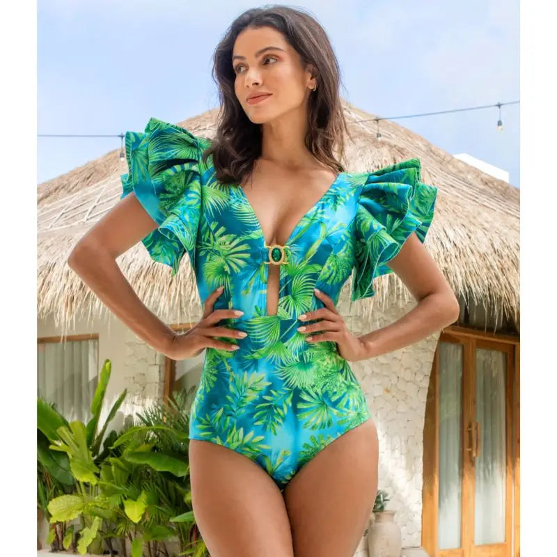 Long-sleeved Jungle Green Print One Piece Summer Dress