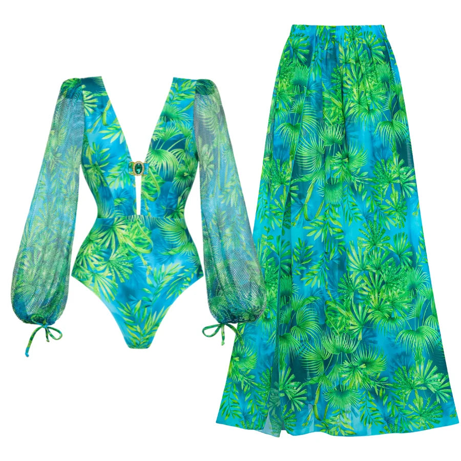 Long-sleeved Jungle Green Print One Piece Summer Dress